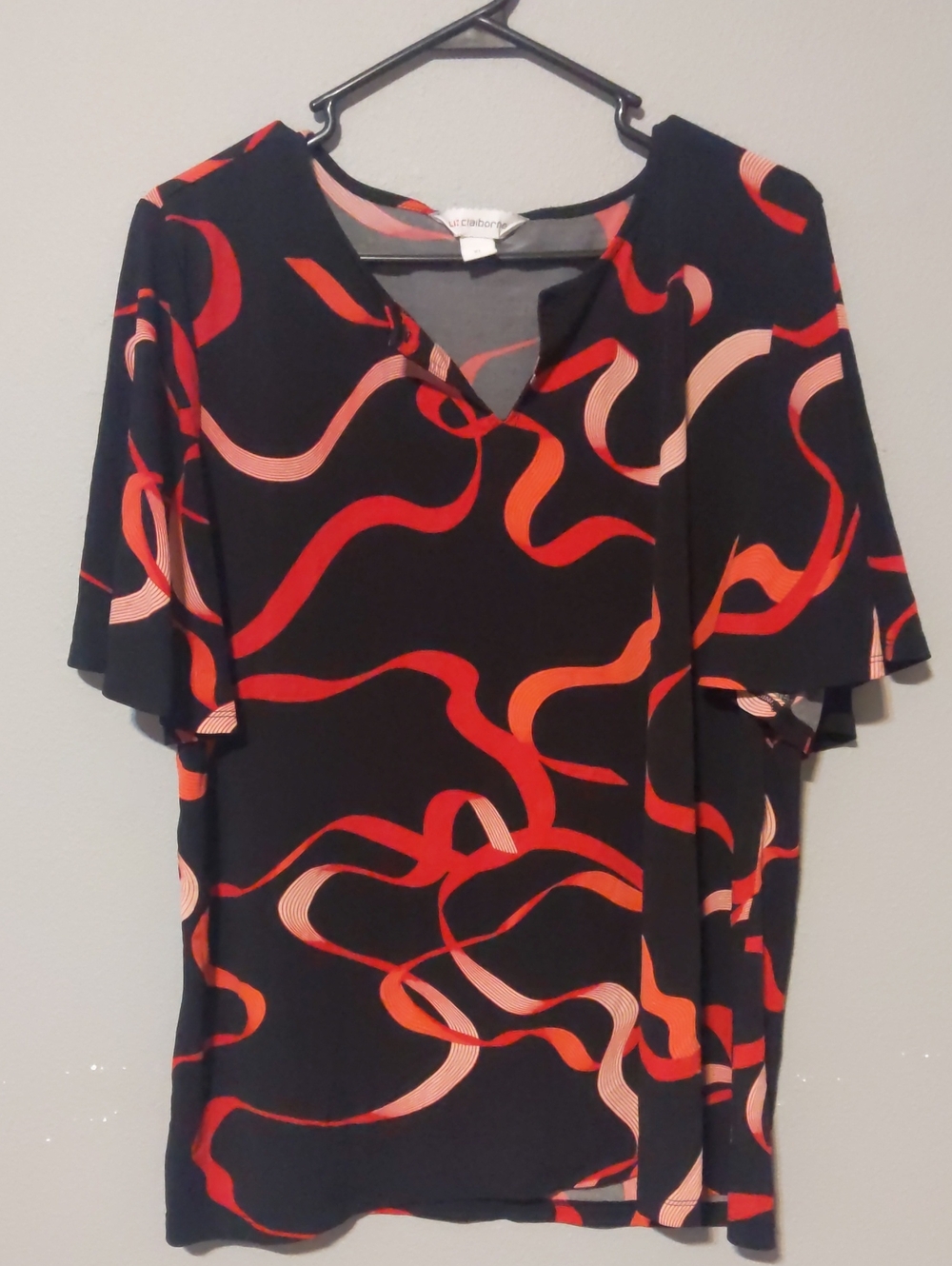 Liz Claiborne Black Short Sleeve Top with Red & Orange Ribbon Print